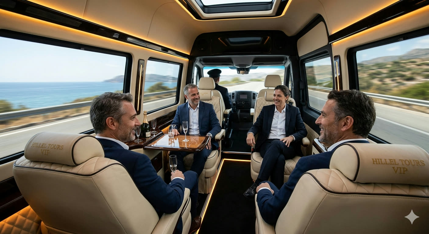 אנשי עסקים VIP בספרינטר יוקרה — שמפנייה ונוף לים